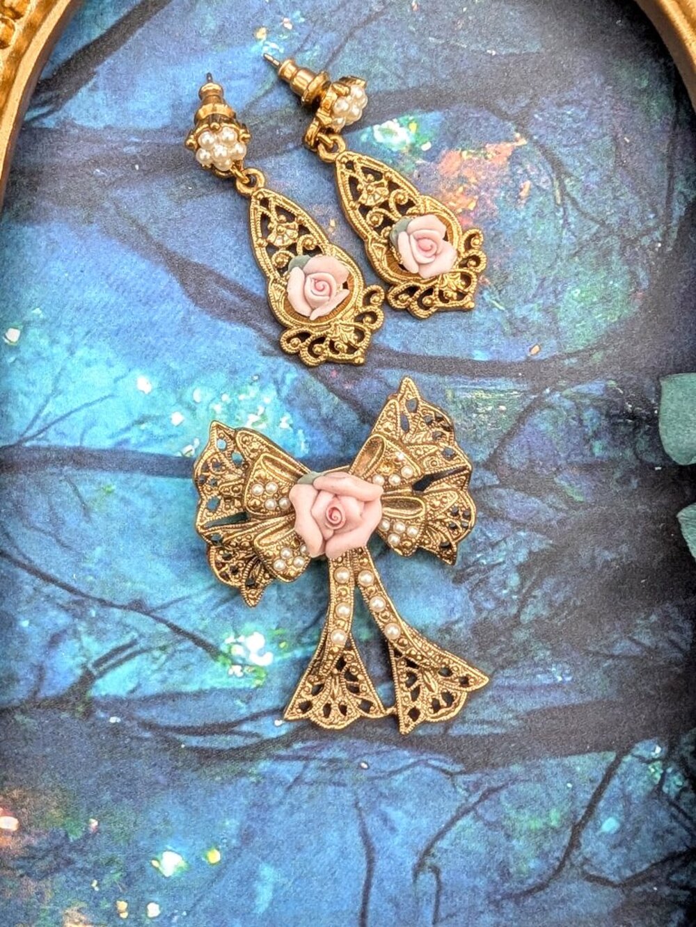 Vintage gold tone filigree bow brooch with ceramic pink rose + matching earrings